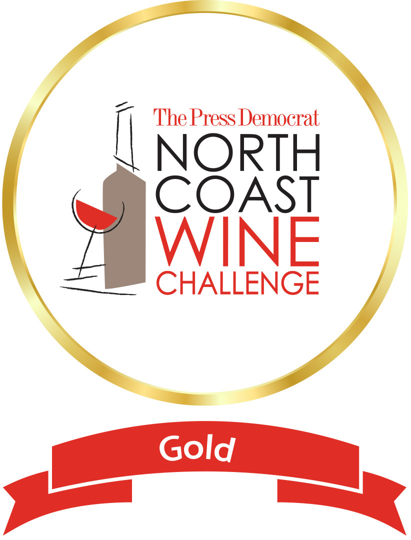 Gold Circle and Gold red banner, The Press Democrat North Coast Wine Challenge logo